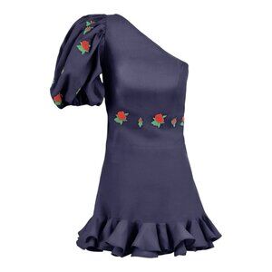 Fanm Mon Flame Size Mini Linen One Sleeve L Ruffle Hem Floral Embroidery Dress